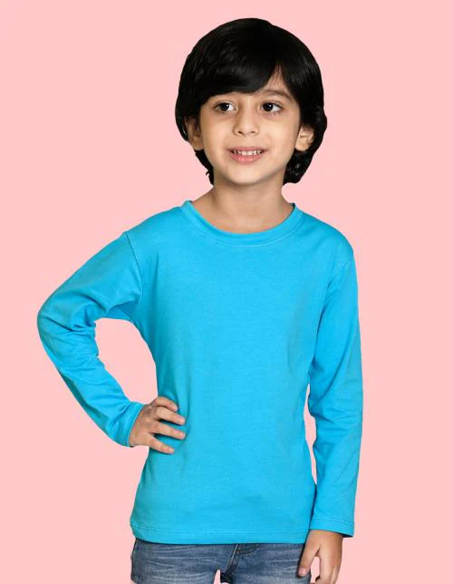Nusyl boys sky blue bio washed cotton full sleeve solid tshirt