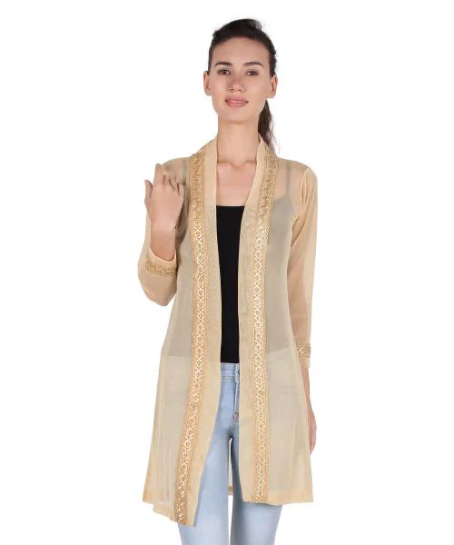 Sweekash Lace Net Full Sleeve Thigh Length Solid Beige Shrug for Women