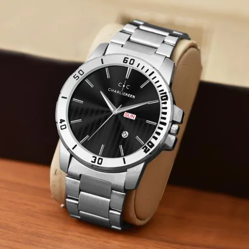 CHARLIEKEEN Black Dial Stainless Steel Watch with Day-Date Function Analog Watch - For Men