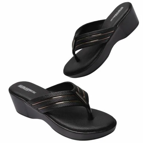 Stepee Black Confort Wedge Slipper Slip on Slider Sandal Open Toe Soft Padding V Strap Wedge Heel Slippers for Women
