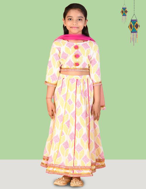 K.O.B (Kids on Board) Girls Printed Ready to Wear Cotton Lehenga & Blouse With Dupatta