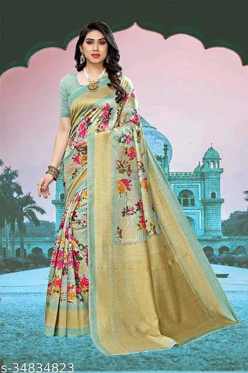 Gugaliya Women Stunning Grey Floral Print Pure Silk, Art Silk Saree