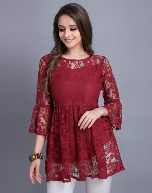 ZELZIS Women Net With Crepe Inner Maroon Tops