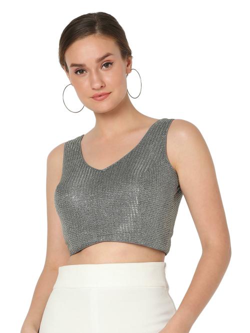 Salwar Studio Women's Silver Shimmer Self Design Readymade Saree Blouse