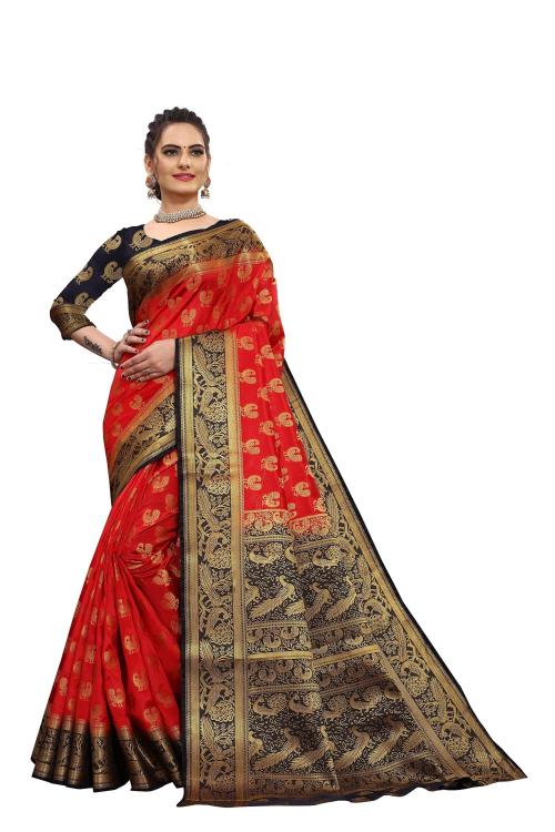 DHANSHVI Women Red Silk Saree With Rich Contrast Zari, Pallu, Rich Zari Border And Contrast Blouse Piece (5.5 Mtr)