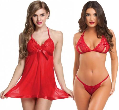 Iyaracollection Women Red Self Design Net, Lace Bra And Panty Set