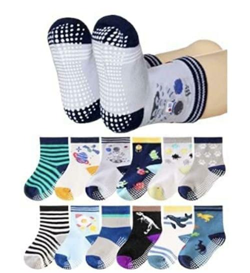 TEDDYIFY Non Slip Kids Toddler Socks with Grip, Assorted Prints, Crew Socks for Babies to Toddlers, Anti Skid Socks, Crawling Socks with Grippers (1-2 YEARS, 4)