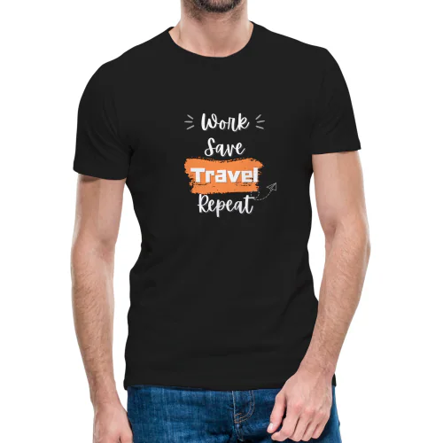 Citees Work Save Travel Repeat Quote Black Colour Men's Half Sleeves Bio Washed Cotton TShirt