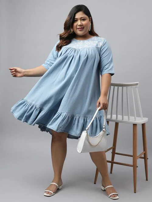 Janasya Women's Plus Size Light Blue Denim Yoke Embroidered Flared Dress