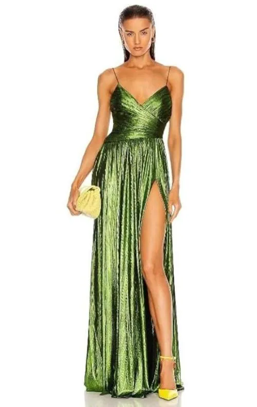 HarLiv Doss Dress Party Women - Partially Lined Hidden Side Zipper Closure Ruched Surplice Bodice with Spaghetti Shoulder Straps Lustrous Lame Fabric Dramatic Side Slit (Lime )