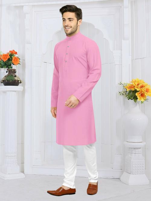 MENTIFIC Men Solid Cotton Blend Straight Kurta (Pink)