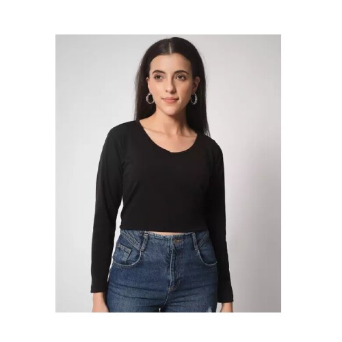 Belakiz Women's Round Neck Full Sleeve Black Crop Tops For Women