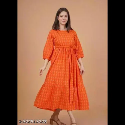 Meraaki Fashion Rayon Printed Stylish Orange Dress For Women/Girls
