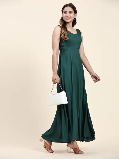 Anushil Sleeveless Rayon Cotton Western Gown - Full-Length Dress for Women, Elegant and Chic (Colour- Green, Size- M)