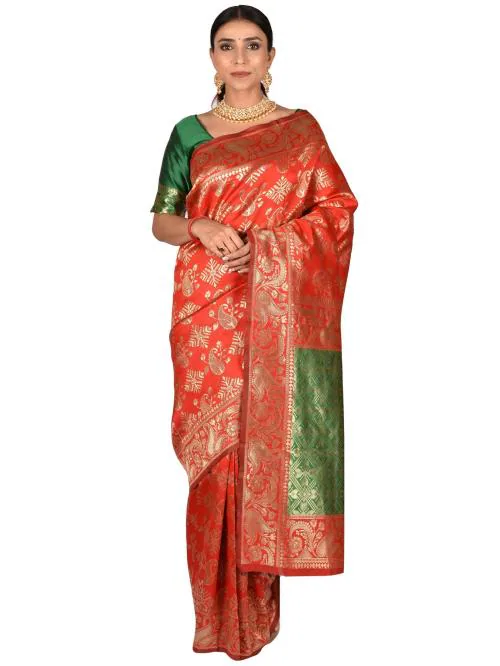 V4M Women Red Banarasi Silk Saree with Unstitched Blouse