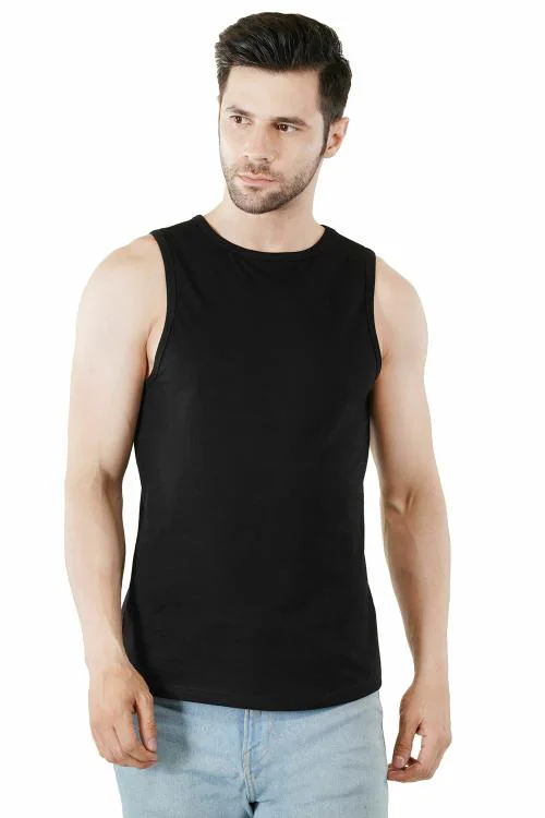 TeeTroopers Men's 100% Pure Cotton Round Neck Sleeveless Tank Tops Gym and Sportswear Black Sports Vest