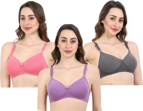EVAARA Pink, Black, Purple Cotton Blend Women's Bra 32A PACK OF 3