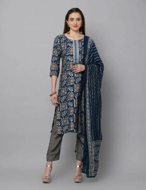 English Lady WOMEN HAND EMBROIDERY PLACKET WITH PIGMENT PRINTS Blue Colour L Size