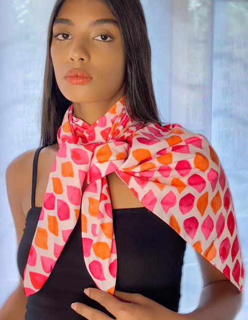 Ayesha Pink & Orange Leaf Printed Retro Satin Multipurpose Square Scarf
