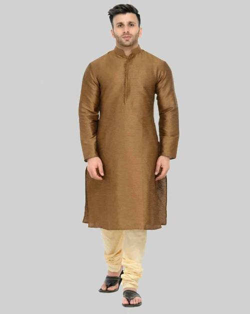 Chitwan Mohan Men Brown and Cream Self Design silk blend Kurta Set