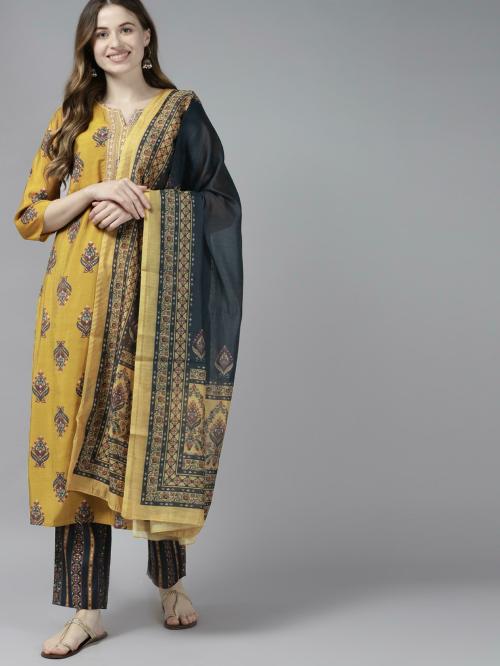 Yufta Women Mustard Yellow & Navy Blue Printed Kurta with Trousers and Dupatta