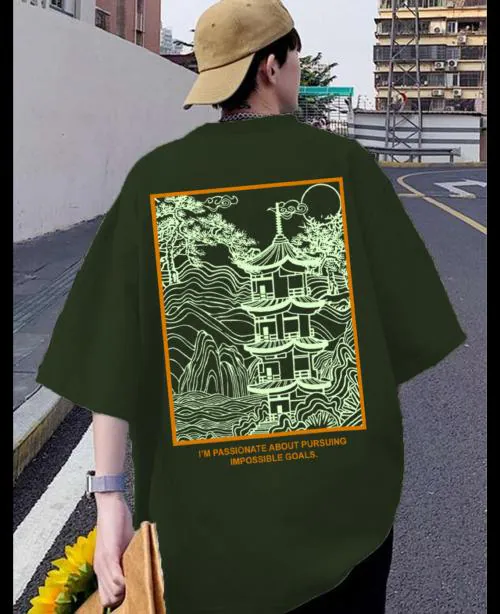 Rigo Men Army Green Oversized Printed T-shirt