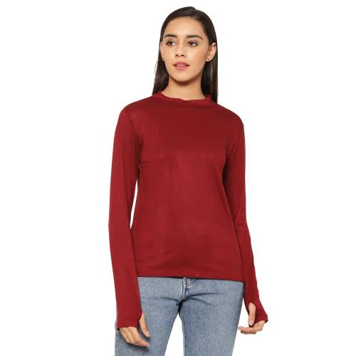 Popster Maroon Solid Viscose High Neck Regular Fit Long Sleeve Womens T-shirt l women tshirt l tshirt for women