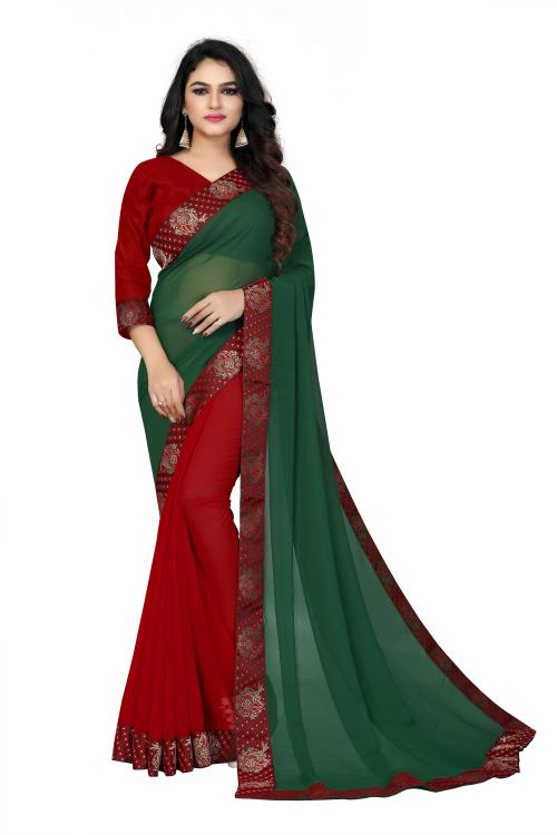 sadika women's solid plain daily wear green-red georgette half-half saree