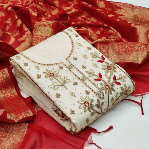 Sainoor Women Free Size White Embroidered Chanderi Semi-Stitched Dress Material