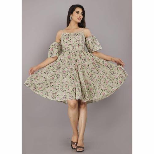 PE FASHION Women's Floral Print Sleeveless Midi Dress Stylish Fit and Flare Shoulder Dress for Casual and Summer Wear | Pista Green | Size-XL