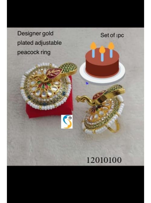 shreenathji jewelleryKUNDAN STONE PEACOCK FINGER RING. Adjustable Gold