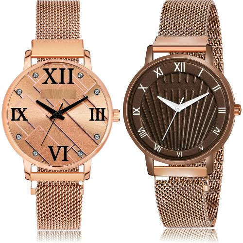 GROOT Best Tread Magnet Chain And Magnet Rose Gold Colour Analog Metal And Stainless Steel Belt 2 Watch Combo For Women And Girls - GM240-G519