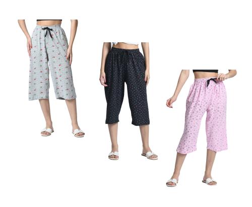 IndiWeaves Women Soft Cotton Printed Loose Capri 3/4th Pants (Pack of 3)
