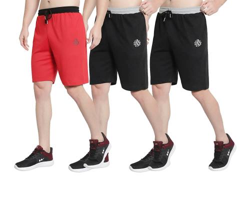 Oora Men Red, Black Cotton Pack Of 3 Shorts