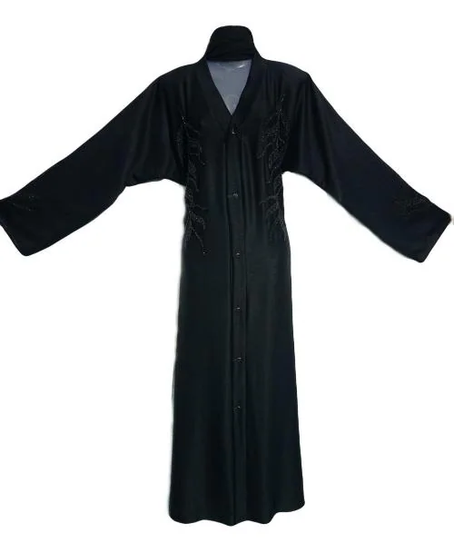 Humeira Abaya Front Open Side Leaf Style Hand Work Abaya in Al Nida Fabric