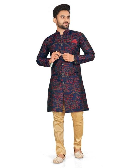 Amzira Men Royal Blue and Red Cotton Silk Indo Western Dress Set - XL