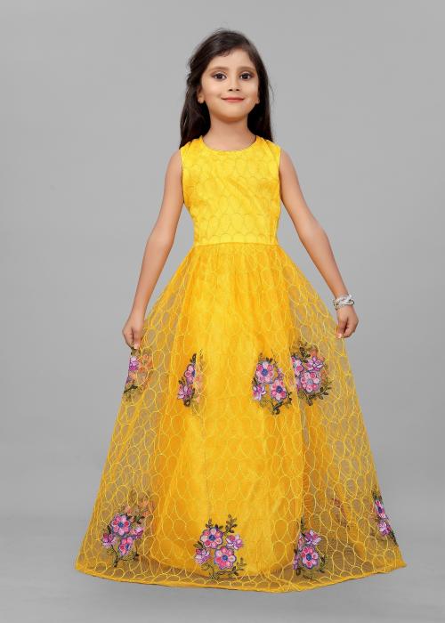 Active Feel Free Life Girls Net Embroidered Gown Dress (Yellow_320)