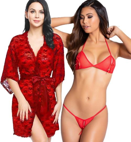 Iyaracollection Women Red Solid Lace, Net Lingerie Robe Set