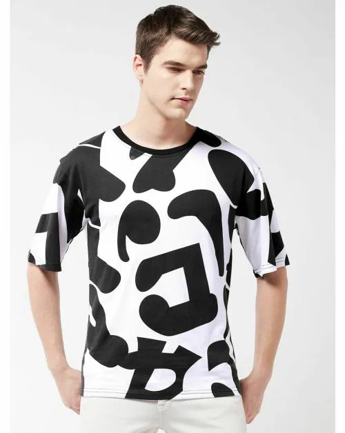 Gritstones Men Oversized Drop Shoulder White Black Half Sleeve Cotton T-Shirt