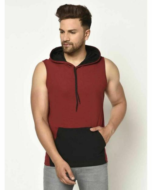 Glito Solid Maroon & Black With Pocket Sleeveless Hoodie T-shirts For Men's