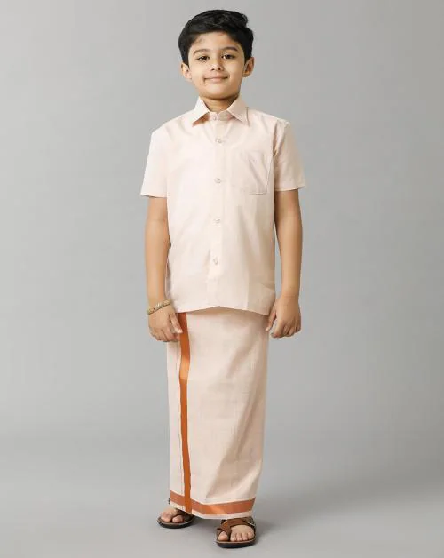 Ramraj Cotton Boys Copper Color Tissue Shirt and Dhoti