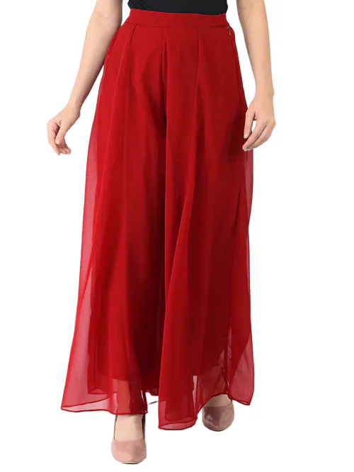 SARJUKE Georgette Flared Palazzo Pants for Women, S Red