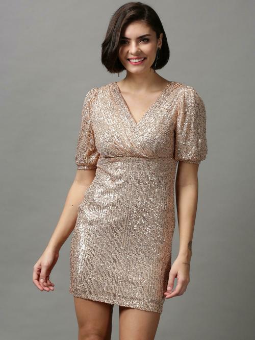 SHOW OFF Women's Rose Gold Solid Polyester Bodycon Dress