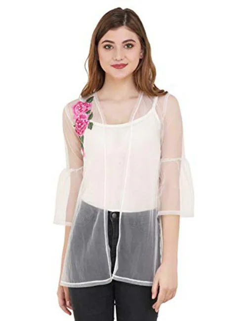 UNFAKENOW Women White Net Embroidered Shrug