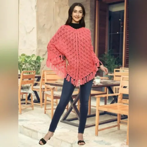 VaishnowHand Modern Design Pullover Poncho for Women Winter wear || Crochet Handmade Woolen Poncho for Women (TSHIRTS-Pink-M)