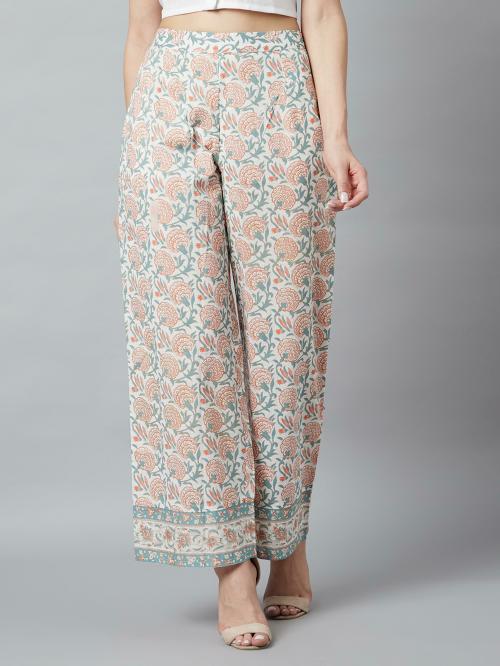 Aks White Floral Print Palazzo