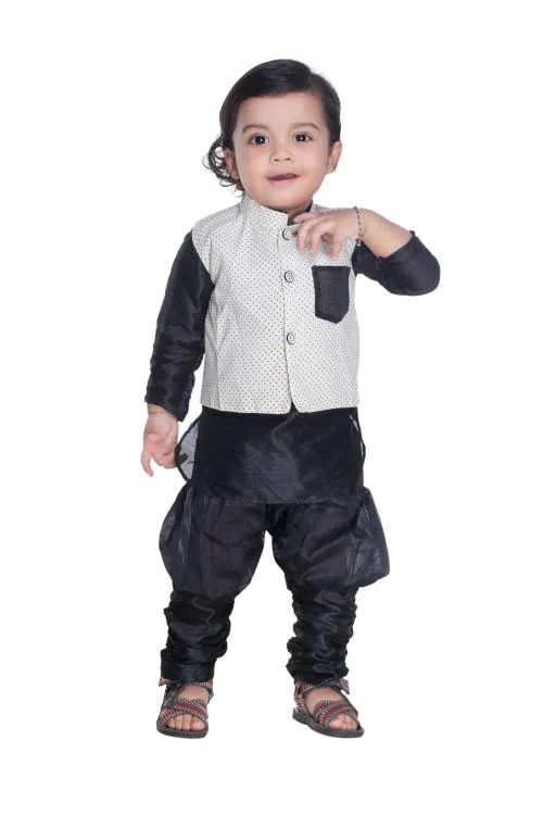 NEW GEN BOYS BEIGE PRINTED 100% COTTON PACK OF 1 JACKET KURTA & PAIJAMA PANT