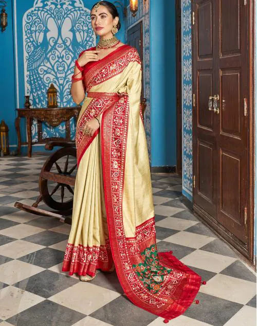 Buy Satrani Art Silk Red & Beige Color Saree with Blouse piece Online