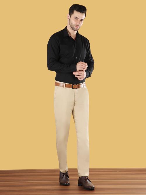 Pesado Men Solid Beige Formal Trousers