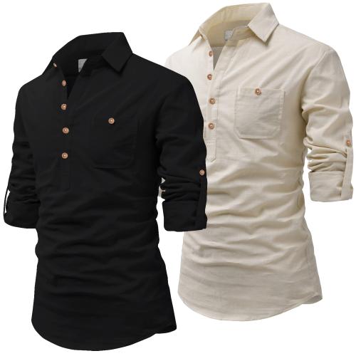 Vida Loca Men Cotton Black_Beige Color Full Sleeve Casual Spread Collar Slim Fit Short Kurta For Men and Boys (Pack Of 2)